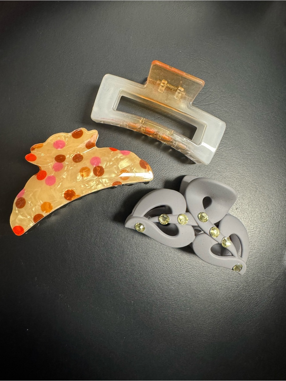 Bundle Hair Clip Set — Orange Polka, Translucent Amber & Gray Rhinestone Clips